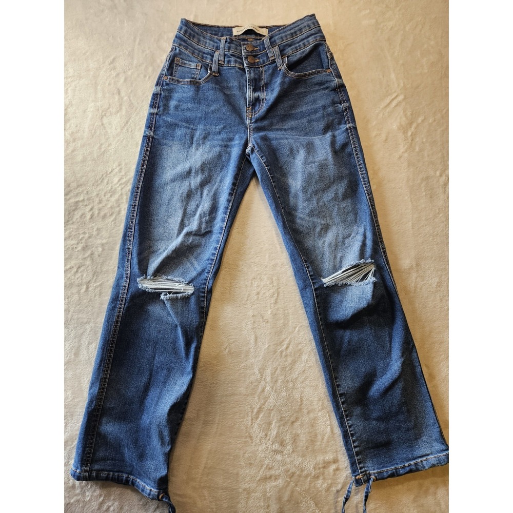 Love Trends High Rise Distressed Straight Jeans Sz 3 Women Blue Stretch Y2K‎
